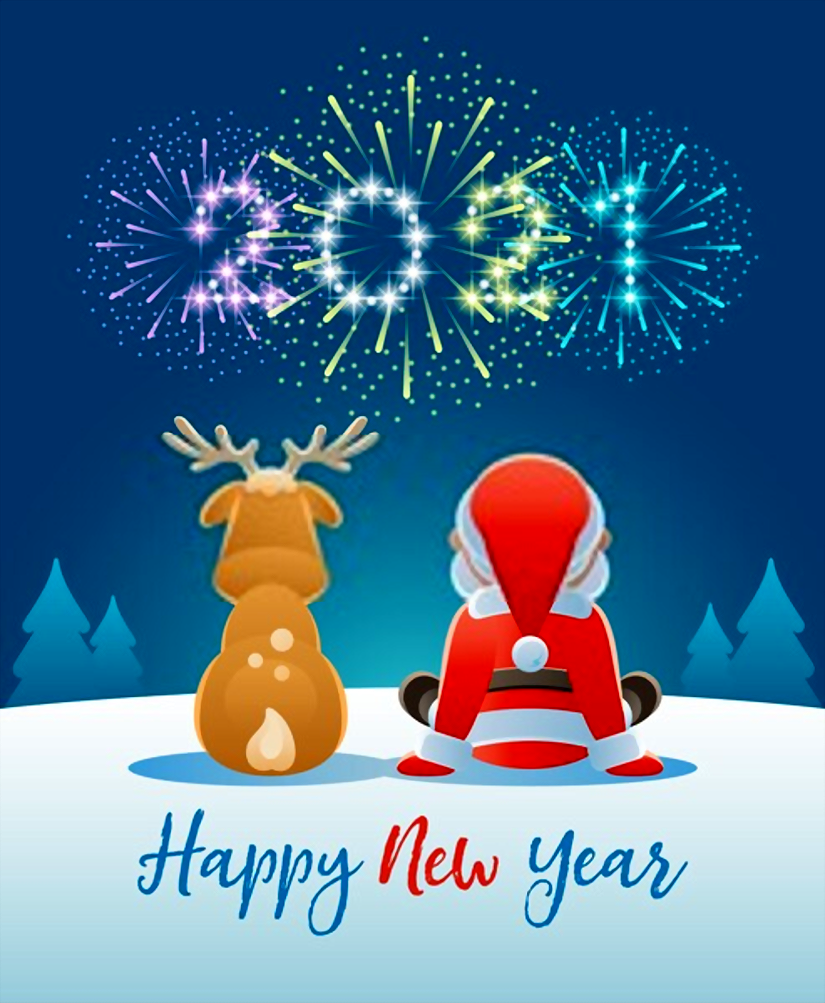 Mikołaj i renifer patrzą w niebo witając nowy rok 2021